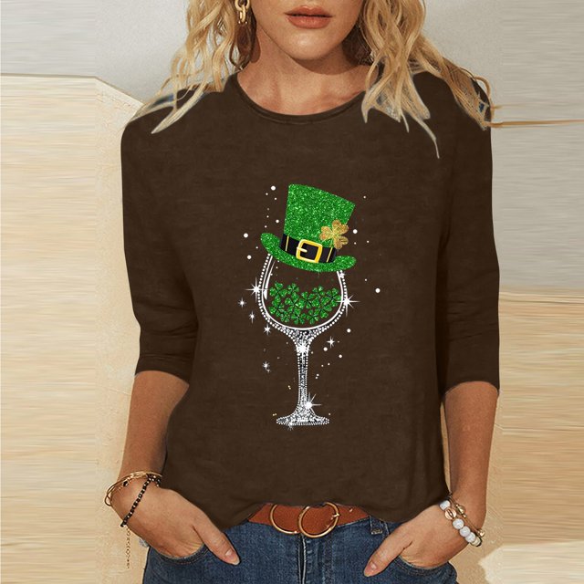 T-Shirt Imprimé pour Dames, Col Rond, Manches Trois-Quarts, Manches 3/4, Coupe Ample