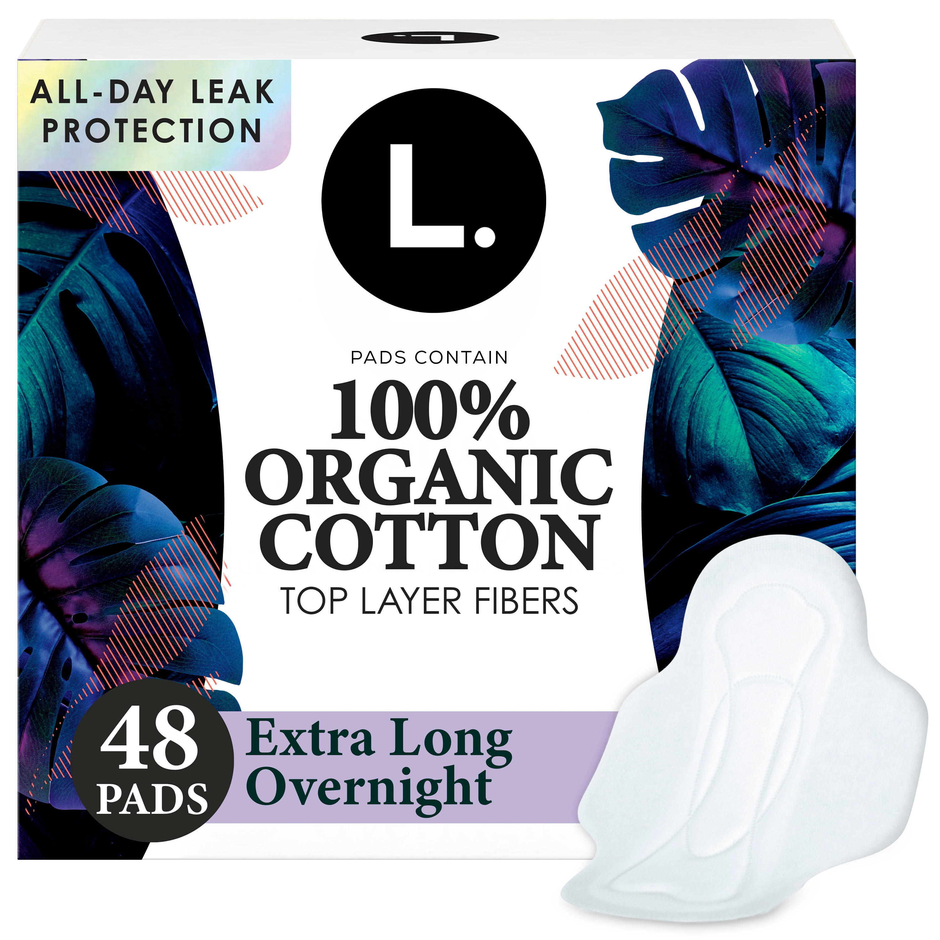 L. Ultra Thin Pads for Women, Organic Cotton Top Layer, Extra Long Overnight Absorbency, Menstrual Pads with Wings, 48 CT