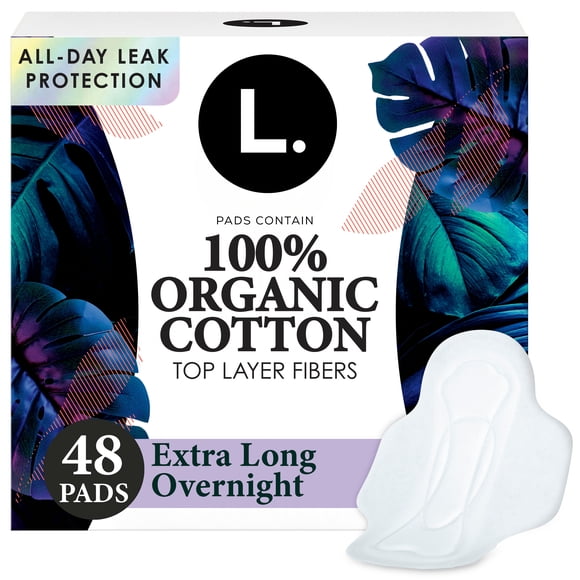 Serviettes menstruelles L. ultraminces pour femmes, extra longues, degré d’absorption de nuit, voile supérieur en coton biologique, avec ailes, 48 U