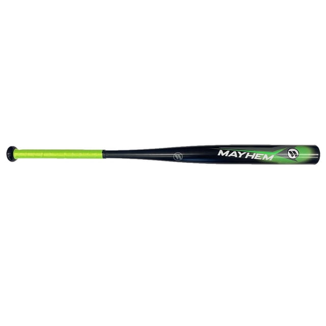 Worth Mayhem 27oz Softball bat featuring a 100% aerospace grade aluminum single wall barrel with 2 1/4 inch diameter, black with green gradient and white Mayhem branding, and a bright green grip, designed for recreational coed softball and practice use.