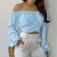 thumbnail image 2 of Woman's Strapless Long Sleevesolid Color Off Shoulder Ruched Lantern Sleeve Crop Tops,Summer Plus Size Loose Fitting Tops For Women Sale, 2 of 6