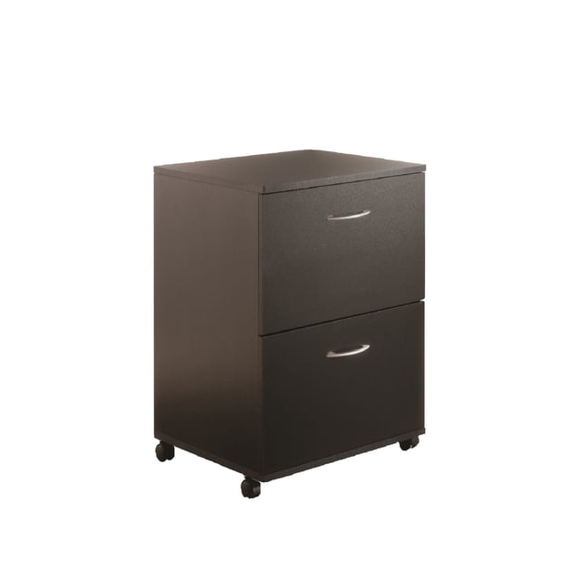 Nexera Essentials 2 Drawer Mobile File Cabinet in rich black finish with two legal size file drawers, metal drawer glides, and casters for easy mobility, measuring 18.63 by 17.63 by 26.63 inches, suitable for office filing and organizing craft supplies.
