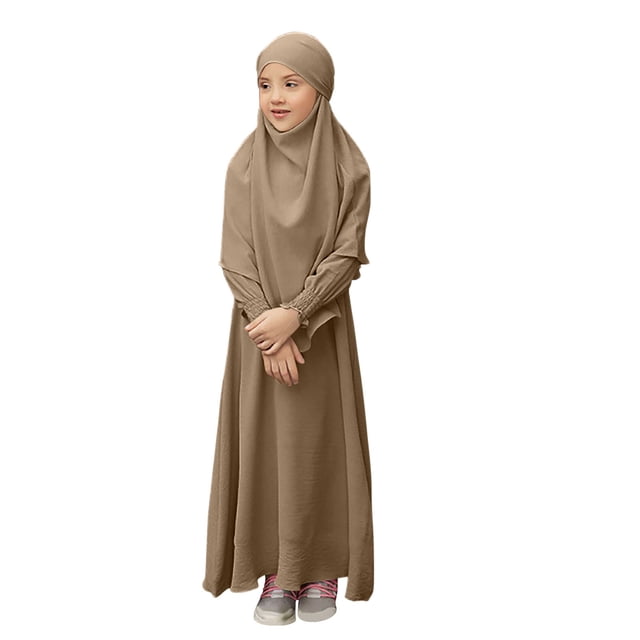 RXMEKW Muslim Dress Set With Shawl for Girls Long Sleeve Round Neck Ruffle Dress 2-Piece Outfit Pink