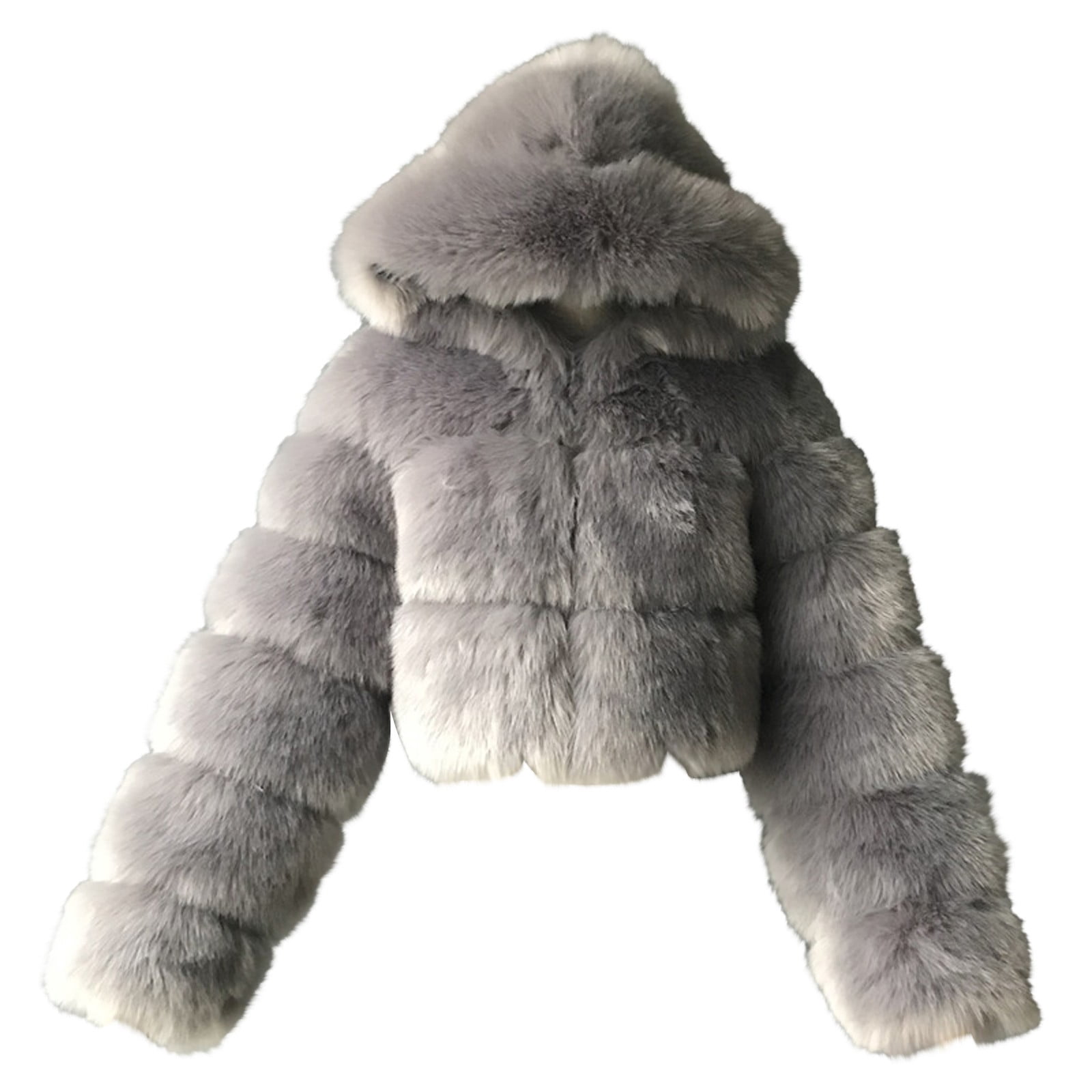 Veste à Manches Longues pour Femmes, Courte, à Capuche Synthétique, Chaude, en Fausse Fourrure, à Empiècements, Manteau à Manches Longues
