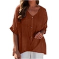thumbnail image 1 of asjyhkr Womens Linen T Shirts Loose Fitting V Neck Button Lightweight Summer Tops Solid Color Tees, 1 of 7