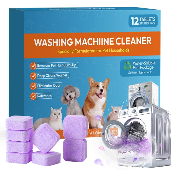 12 Pack Washer Machine Cleaner Tablets , for Pet Owners Washing Machine Cleaner,Compatible with HE,Easily Pet Hair Remover for Laundry,Top & Front Load Washer