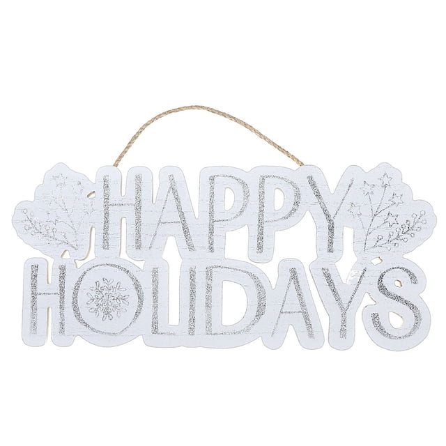 Suspension Murale en Bois « Happy Holidays » avec Texte Pailleté Argenté sur Fond en Bois Blanc, Décorée de motifs Flocons de Neige et Étoiles, Mesurant 18,11 par 7,87 Pouces, Convient à une Déco Murale festive et Facile à Accrocher avec une Corde Naturelle.