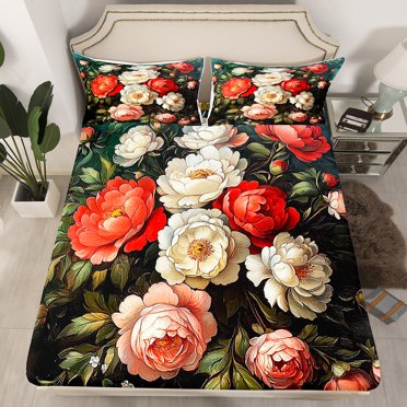 Erosebridal Vintage Floral Fitted Sheet Set Queen,Botanical Plants Fitted Sheet Queen,Blooming Flowers Bedding Queen Size,Breathable Blossom Room Decorative,3 Pieces(Fitted Sheet,Pillowcase)