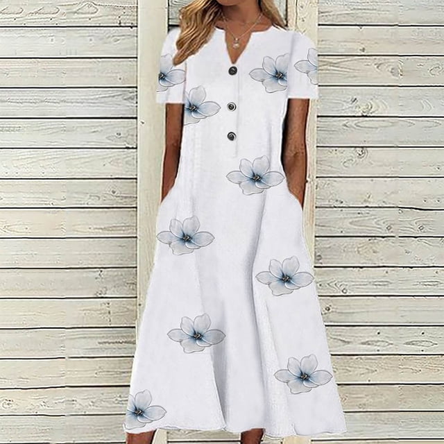 Pisexur Robe à Manches Courtes à Col en V Longueur Genou Mode Femmes Été Imprimé Décontracté Col en V Bouton Manches Courtes Vacances Poches Robe Femmes Robe