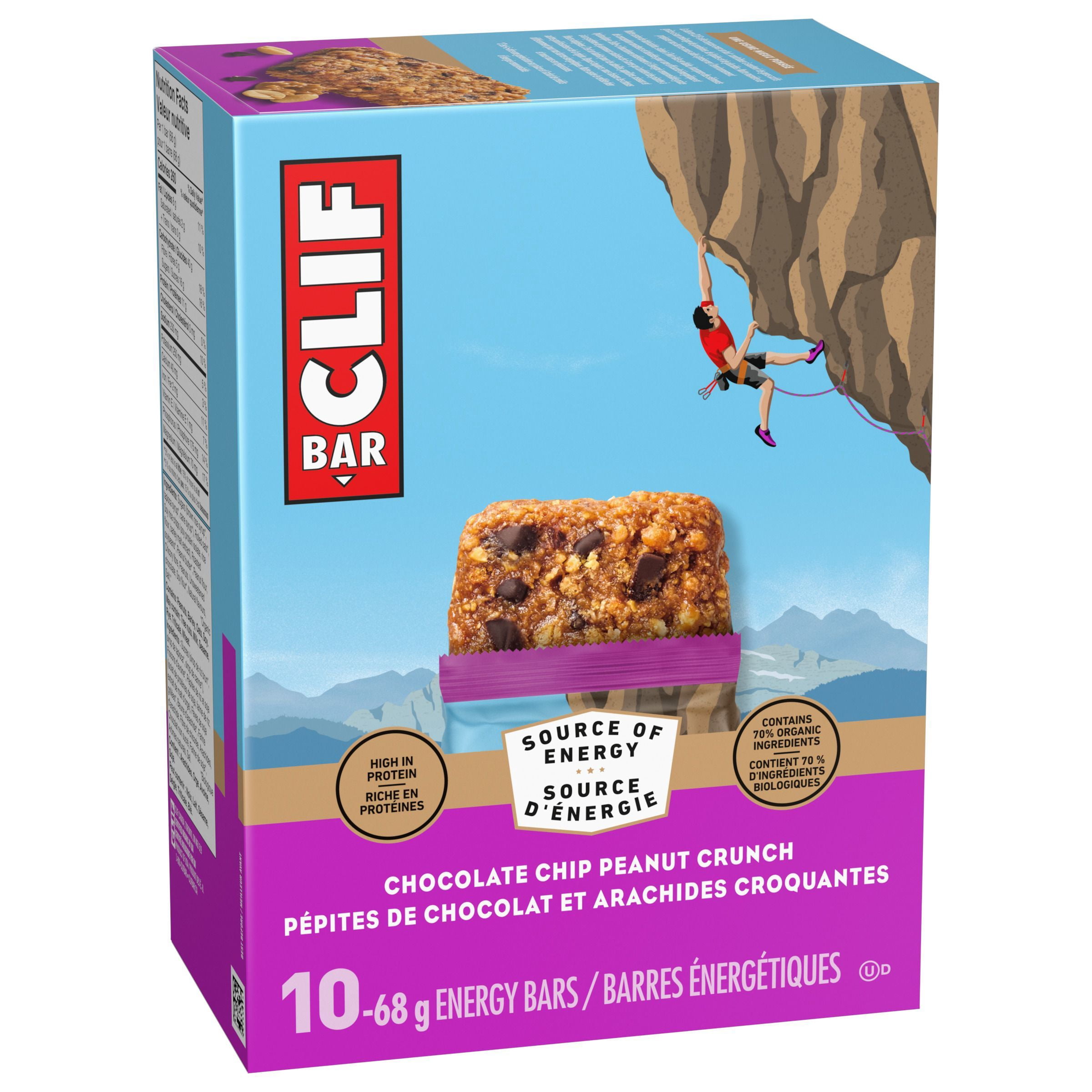 CLIF BAR Barres Énergétiques, Pépites de Chocolat et Arachides Croquantes, Barre Granola, Riche en Protéines, Collations, Barres Déjeuner, Contient 70 % d'Ingrédients Biologiques Boîte de 10 Barres