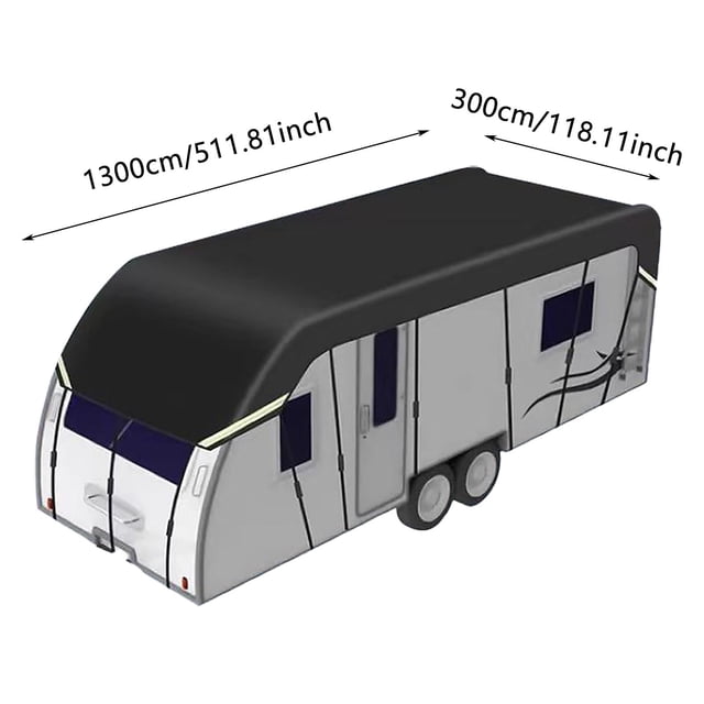 BotaniNest RV Roof Cover with Reflective Strips, designed for heavy-duty outdoor use on travel trailers and camper storage. The cover is shown in a black and grey design, fitted over a dual-axle RV. Reflective strips are visible along the edges for enhanced nighttime visibility. Dimensions are marked as 1300cm (511.81 inches) in length and 300cm (118.11 inches) in width. Made from durable polyester material, it provides all-weather protection against sun and rain. Ideal for long-term parking, seasonal storage, or outdoor adventures.