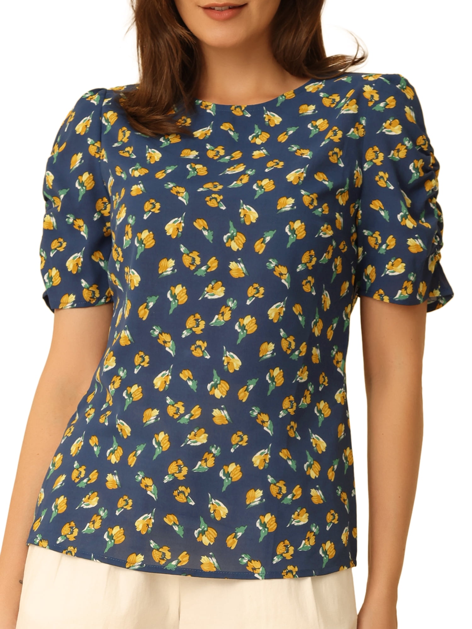 INSPIRE CHIC Women's Shirred Tops Crew Neck Short Sleeve Keyhole Back Floral Blouse XL Deep Blue