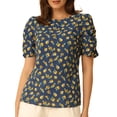 thumbnail image 1 of INSPIRE CHIC Hauts Froncés pour Femmes Col Rond Manches Courtes Dos Goutte d'Eau Blouse Florale L Bleu Foncé, 1 of 6