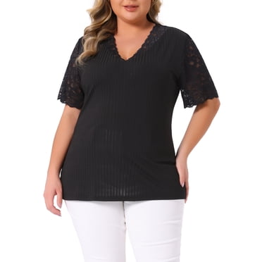 GRACE & GRANDEUR Women's Plus Size V Neck Short Sleeve Elegant Lace Ribbed Knit Summer Tunic Blouse 3X Black
