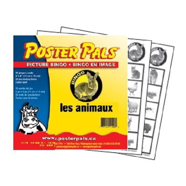 Animaux Français Bingo par Poster Pals Présente 35 Cartes Carrées de Joueur de Six Pouces avec des images d'Animaux en Noir et Blanc et des Articles de Vocabulaire pour la Compréhension du Vocabulaire dans les Jeux de Société pour Enfants et la Famille, avec une Couverture de Boîte Jaune Montrant un Lapin et un Texte Bilingue.