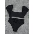 thumbnail image 5 of Womens Cute Solid Bubble Sleeves High Waisted Two Piece Bikini Swimsuit,Black,L, 5 of 5