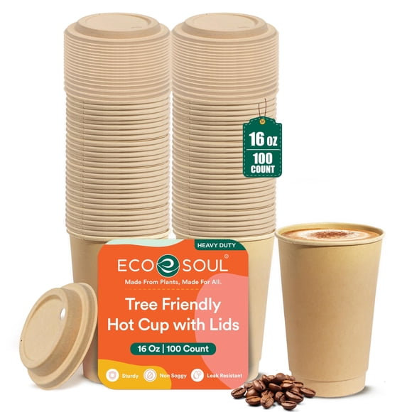ECO SOUL 100 Pack 16 oz Disposable Coffee Cups with Lids Eco-Friendly, Biodegradable, Compostable, Leak-free & Sturdy To Go Hot D