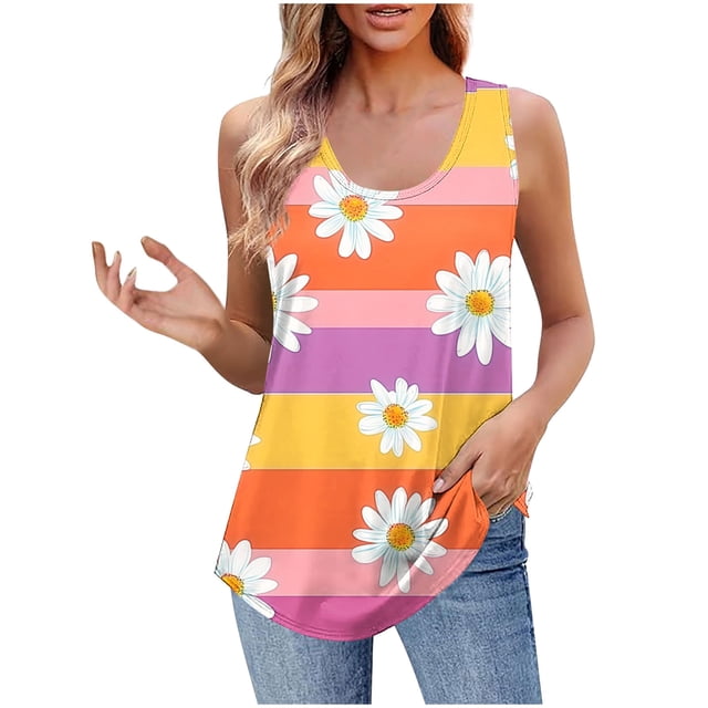 UPPADA Camisoles Mignonnes pour Femmes Tendance Col Rond à Fleurs Hauts d'Été Sans Manches Blouses Chic Décontracté Camisoles Graphiques Orange,G