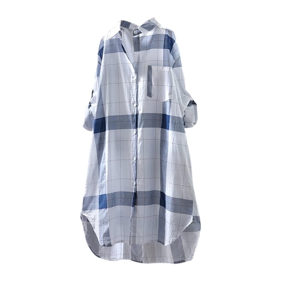 IROINNID On Sale Women's Long Sleeve V-Neck Shirts Cotton Shirts for Women Comfortable Ladies Solid Color Lattice Long Sleeve Cotton Loose Top Shirt Coat,Blue