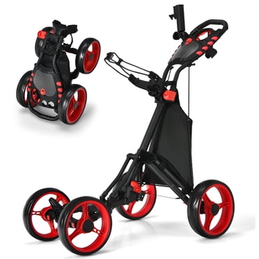 Gymax Chariot de Golf Pliable à 4 Roues à Pousser et Tirer avec Frein Sac Imperméable Rouge