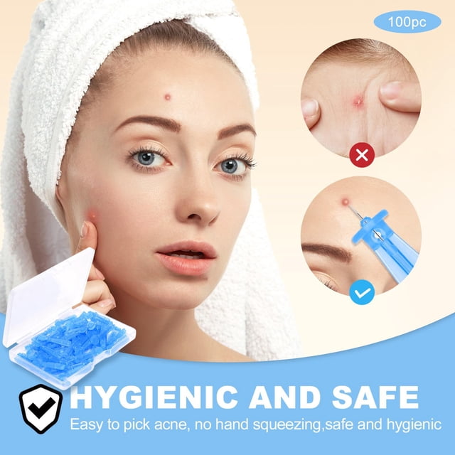 Disposable Sterile Acne Needle-Effective Remove Acne & Blackhead Tools For Clear Skin, including 100 Ct Disposable Acne Needles. The image shows a box of blue disposable acne needles with a close-up of a needle being used to remove a blemish. The text highlights the hygienic and safe design, emphasizing no hand squeezing and easy acne removal.