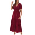 thumbnail image 2 of Ovzne Robes pour Femmes Robe Femme Mode Femme Été Décontractée Col en V à Volants Manches Courtes Robe Unie Robe Grande Taille Manches Courtes Liquidation, 2 of 7