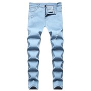 FcBaudy Full Length Pants Jeans Men's Light Blue Ripped Jeans Zipper Wash Elastic Trend Outdoors Denim Trousers Men Denim Pants