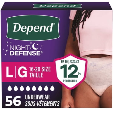 Sous-vêtements d’incontinence et fuites urinaires post-partum pour femmes adultes Depend Night Defense pour femmes, jetables, de nuit, grande taille, roses, 56 unités