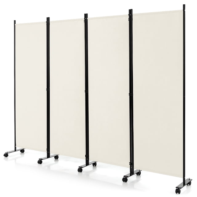 Costway Paravent Pliant à 4 Panneaux de 6 Pi, Écran d'Intimité Roulant avec Roues Verrouillables en Blanc. le Séparateur Présente un Tissu polyester durable et un Cadre Métallique Robuste. Il Comprend 10 Roues Pivotantes Verrouillables pour une Mobilité et une Stabilité Faciles. les Panneaux Sont Reliés avec des Boucles Robustes, Permettant des configurations Flexibles comme en L Ou en W. la Conception Pliable Offre un Rangement compact. Convient pour Créer de l'Intimité dans les Salons, les Chambres, les Bureaux Ou Bloquer la Lumière du Soleil Près des Fenêtres.