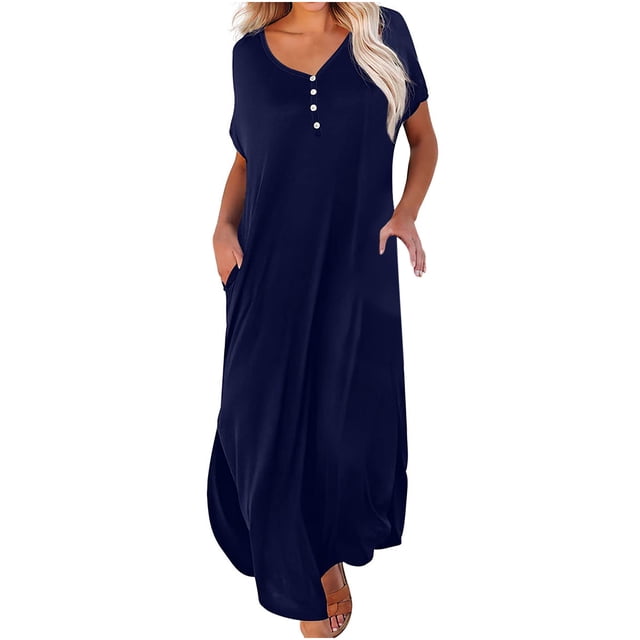 Cameland Robe d'Été pour Femme Décontractée à Manches Courtes, Robe Évasée Décontractée, Robe Maxi de Plage avec Poches