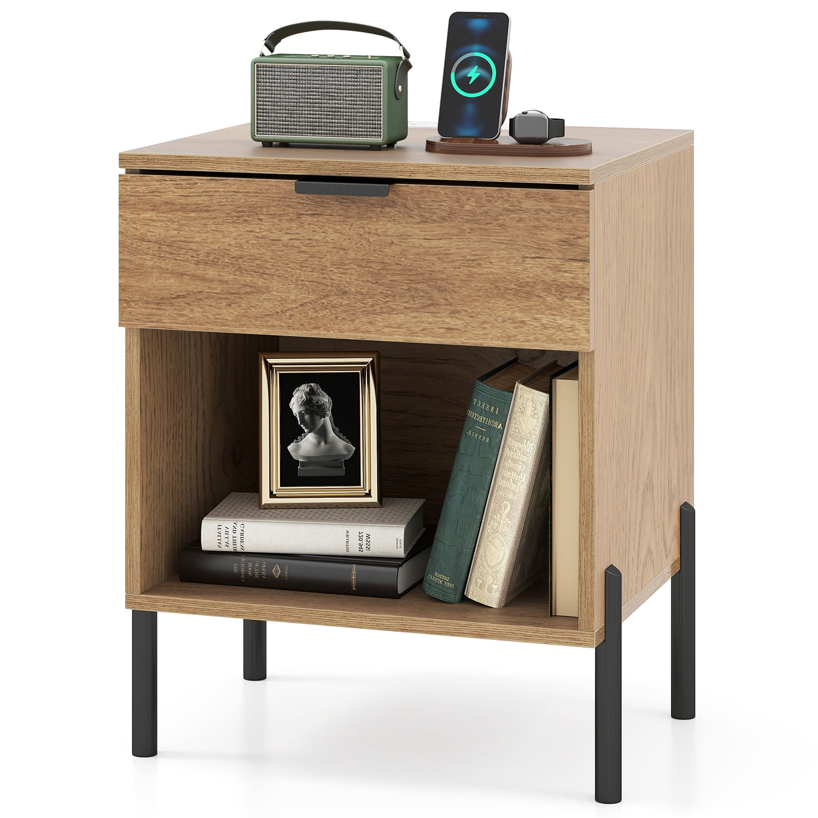 Giantex Nightstand w/Charging Station, Compact Bedside Table, End Table w/Drawer & Storage Shelf
