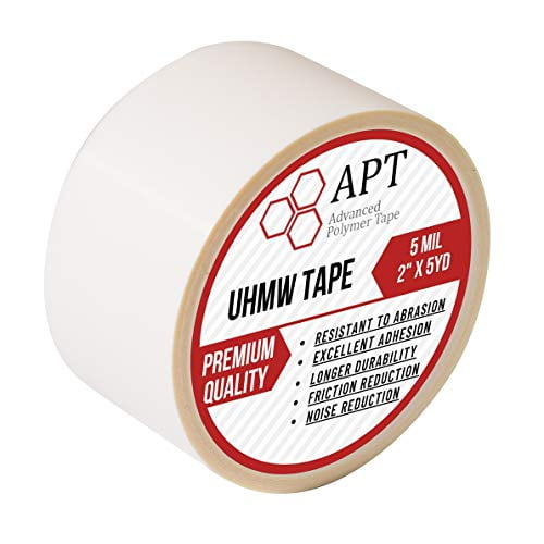 APT 0.007-inch thick low friction ultra-high molecular weight polyethylene tape, measuring 2 inches by 5 yards, shown as a single roll. The tape features a translucent, abrasion-resistant backing and a permanent acrylic adhesive, suitable for protecting surfaces like metal, wood, and concrete. Ideal for noise reduction, surface protection, and minimizing wear in applications such as rails and drawers. The label highlights its premium quality, resistance to abrasion, and excellent adhesion.