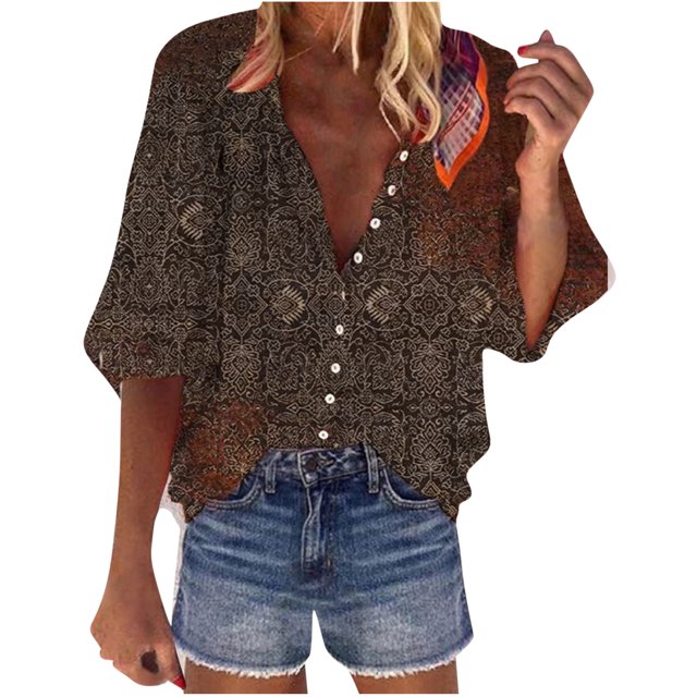 Pompotops Mode Femme Ample Col en V Manches 3/4 Imprimé devant Bouton Cardigan Chemise Hauts T-shirt Liquidation