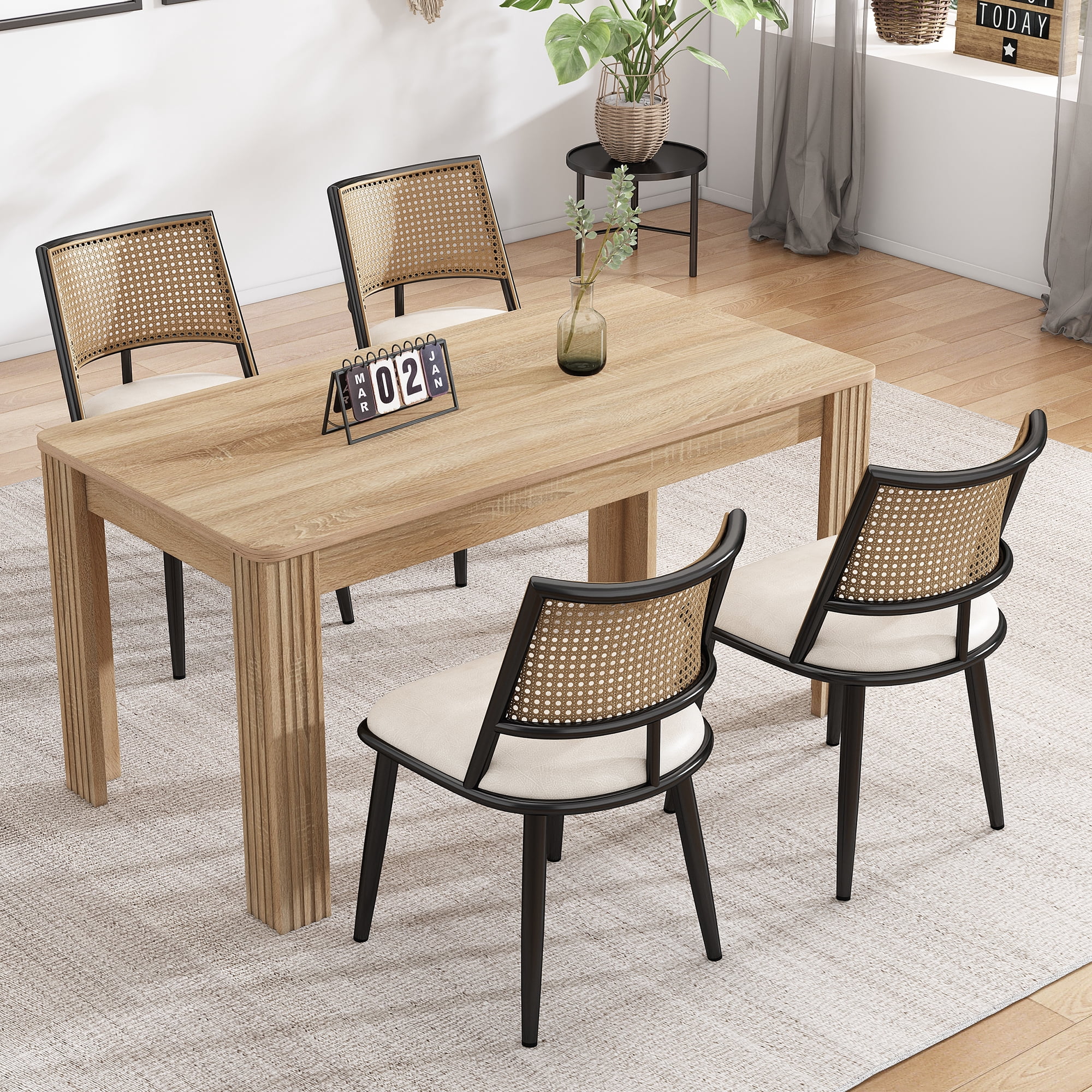 Noble House Chaises de Salle à Manger Modernes Ensemble de 2, Sièges Rembourrés en PU Faciles à Nettoyer avec Dossier en Rotin PE, Noir + Naturel