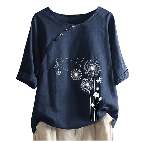 Penkiiy Women's Summer Tops Casual Cotton Linen T Shirts Short Sleeve Round Neck Shirt Oversized Floral Graphic Tees 2XL Navy