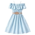 thumbnail image 1 of PMVFHDE Robe d'Été pour Filles Épaules Dénudées Volants Manches Courtes Ceinturée Robe Midi avec Ceinture, Bleu, 7-8 Ans, 1 of 8