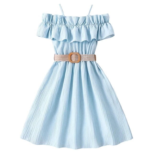 PMVFHDE Robe d'Été pour Filles Épaules Dénudées Volants Manches Courtes Ceinturée Robe Midi avec Ceinture, Bleu, 7-8 Ans
