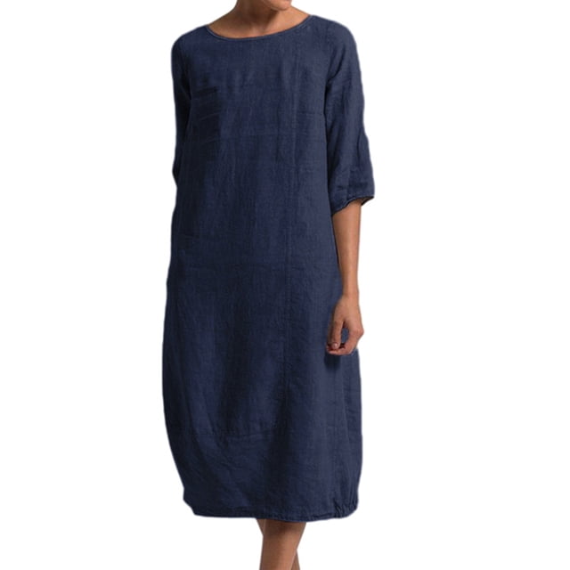 Innerwin Robe Midi Simple Robes pour Femmes Plage Col Rond Confortable Bleu Marine m