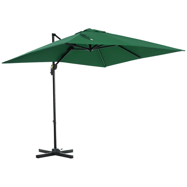 Outsunny Parasol Suspendu Déporté Carré 8'x8' pour Patio avec Base en Croix Vert. Ce Parasol d'Extérieur pour Patio Présente un design cantilever avec rotation à 360 Degrés et Cinq positions d'Angle Réglables pour une Couverture d'Ombre Polyvalente. Fabriqué avec un Tissu en polyester Résistant aux UV, un Poteau en Aluminium et des Nervures en Acier pour la Durabilité. Comprend une Base en Croix pour la Stabilité; Poids Supplémentaires Requis. Idéal pour les patios, Jardins Ou Bord de Piscine.