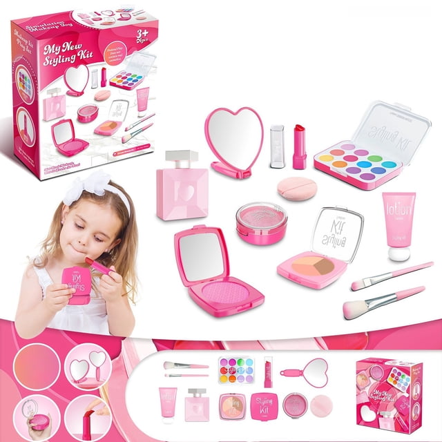 Zonao Children's Simulation All in One Makeup Kit, a pretend play makeup set for girls aged 5 and up. The kit includes a variety of pink-colored simulated cosmetics and tools such as a heart-shaped mirror, eye shadow palette, lipstick, brushes, and compact cases. The items are made of plastic and designed to resemble real makeup, promoting creativity, social interaction, and fine motor skills. The set is displayed alongside its packaging, which features bright colors and playful designs to attract children's attention.