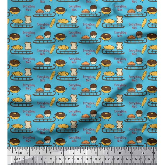 Soimoi Poly Georgette Fabric Sleigh,Bread & Hot Dog Food Print Sewing Fabric Yard 52 Inch Wide