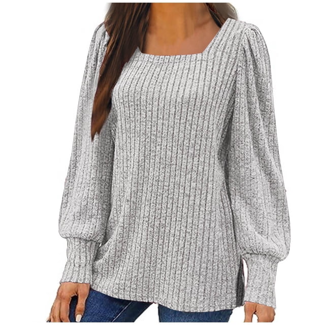 Meichang Women Tops Plus Size Square Neck Puff Long Sleeve Shirts Ribbed Knit Pullover Solid Loose Fit Side Slit Hem Blouses Business Casual Spring Tops