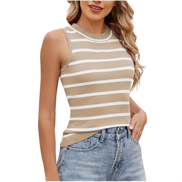 Ymauqau Débardeurs en Tricot pour Femmes Col Ras du Cou Rayés Ajustés Sans Manches T-Shirts Chandails Moulants Gilets Doux Décontractés Camis Blouses