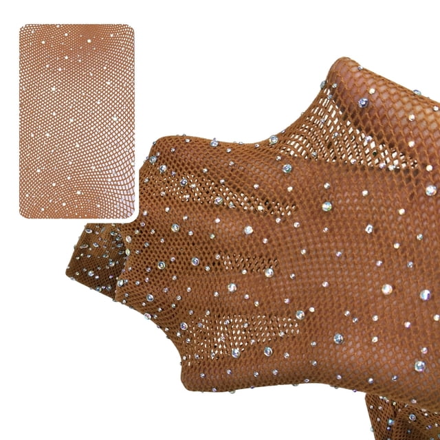 Lot de 2 Collants Aguichant pour Femmes, Bas Collants avec Strass, Fibre Acrylique Fine, Découpes, Bas Résille Bruns. les Collants Présentent un design en Résille Orné de Strass Étincelants, Créant un Style Élégant et Accrocheur. Fabriqués en nylon et spandex, Ces Bas Collants Sont Légers et Extensibles, Convenant à Diverses Tenues et occasions. une Vue Gros Plan Met en Valeur le Motif en Résille Complexe et les Ornements en Strass.