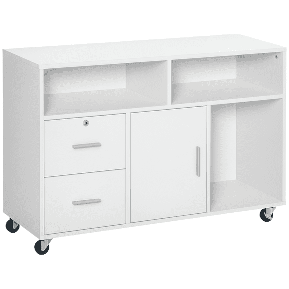 Lateral Filing Cabinet with Open Storage Shelf, Printer Stand Home Office Mobile File Cabinet with Wheels, Lockable Drawer, White