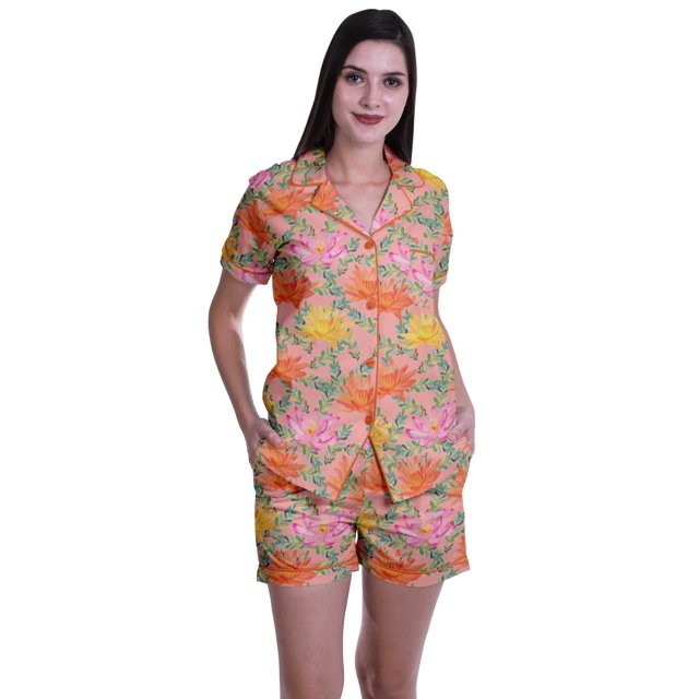 Moomaya Pyjama pour Femmes Imprimé, Ensemble Deux Pièces à Col Cranté avec Short