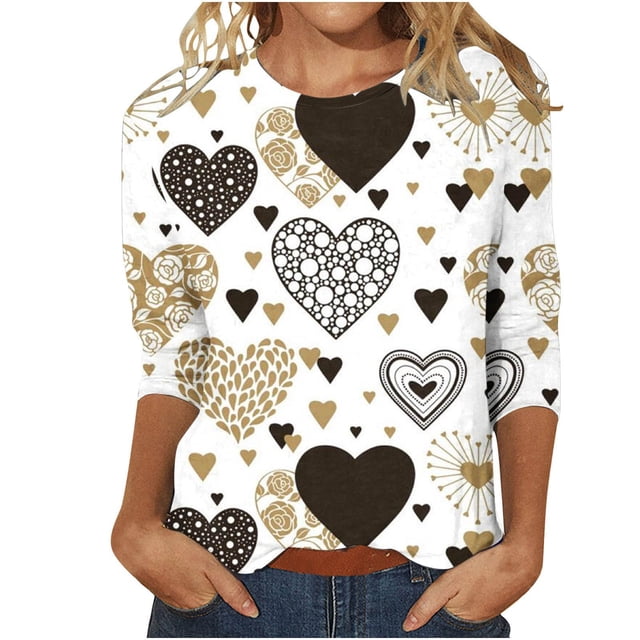 Chandails de la Saint-Valentin pour Femmes, Coupe Ample, Imprimé de Cœur, Chandails à Col Rond, Décontracté Chic, Tunique à Manches 3/4, Haut Ample, T-Shirt Graphique, Chandails Imprimés de Cœur pour Femmes, Manches 3/4, Col Rond, T-Shirts Graphiques, Hauts de Fête