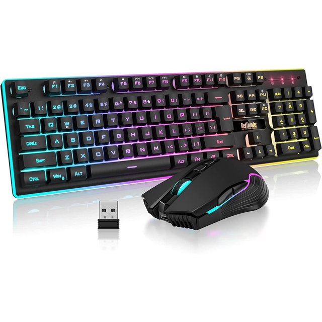 Ensemble Clavier et Souris de Jeu Sans Fil avec Rétroéclairage LED, Batterie Rechargeable 3800 mAh, Sensation Mécanique (Noir)