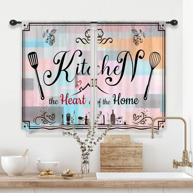 ORUYROP Country Teal Rustic Kitchen Curtains Farm Love Heart Quotes Short Small Blueberry Colorful Rod Pocket Aesthetic Multicolor Bedroom Living Room Treatment Fabric 2 Panels 27.5Wx39H Inch