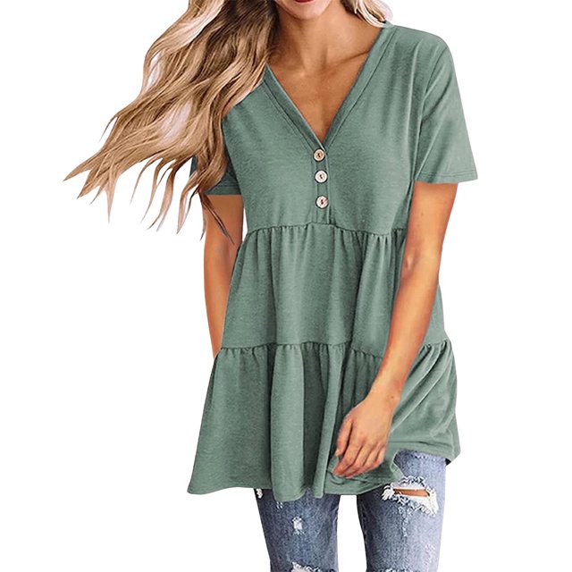 asjyhkr Womens Short Sleeve Tops Oversized V Neck Loose Fitting Comfy Lightweight Soft Tees Solid Color